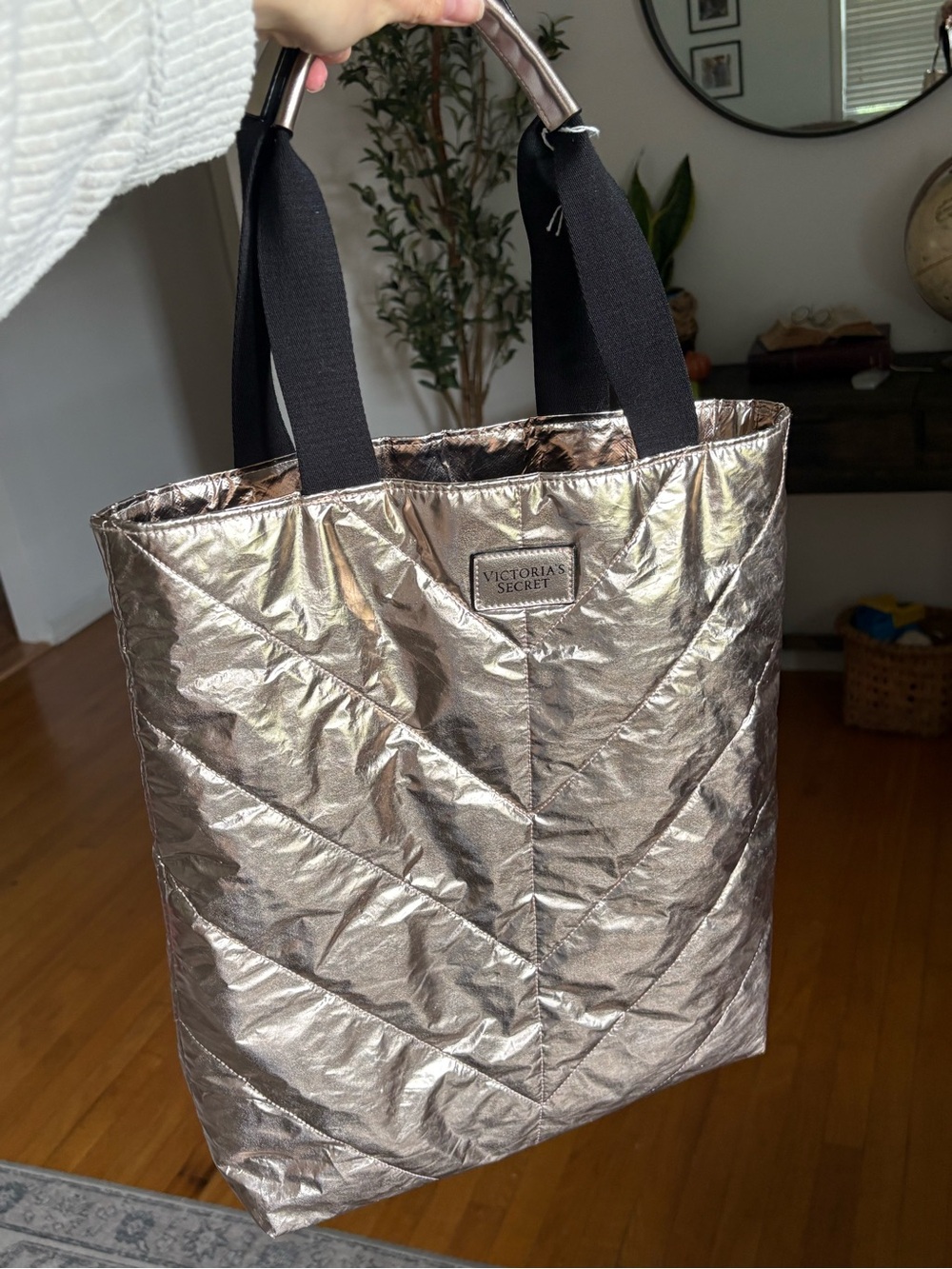 Victoria's Secret Metallic Rose Gold Quilted Tote with Black Handles